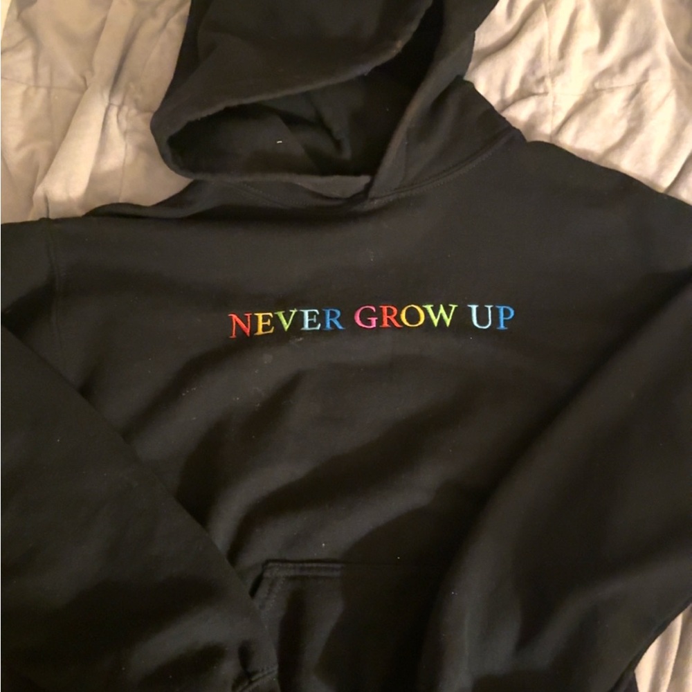 Black Hoodie with Colorful 'Never Grow Up' Text BAYLEN LEVINE MERCH
